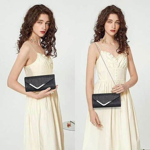 Sequin Evening Bag for Women 3-in-1 with Chain and Envelope Shape, Black