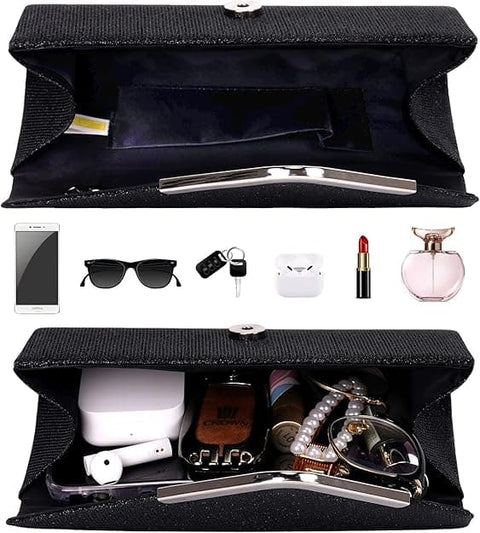 Sequin Evening Bag for Women 3-in-1 with Chain and Envelope Shape, Black