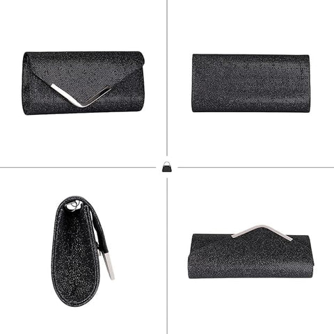 Sequin Evening Bag for Women 3-in-1 with Chain and Envelope Shape, Black