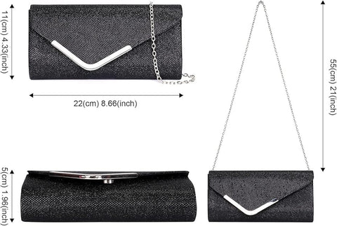 Sequin Evening Bag for Women 3-in-1 with Chain and Envelope Shape, Black