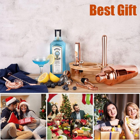 12-Piece Stainless Steel Cocktail Set with Bamboo Stand, Gold, Perfect Gift for Home Bar