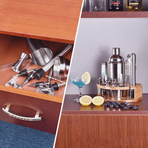 12-Piece Stainless Steel Cocktail Set with Bamboo Stand, Silver, Perfect Gift for Home Bar