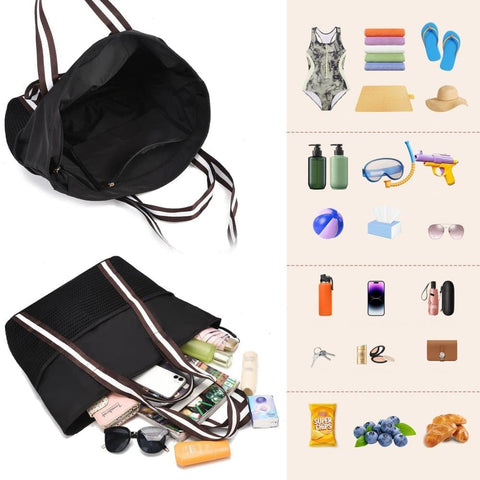 Waterproof Beach Bag for Women with Zipper, Sand-Resistant Design, Shoulder Strap, Perfect for Beach and Travel, Black