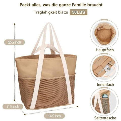 Waterproof Beach Bag for Women with Zipper Sand-Resistant Design Shoulder Strap, Beige