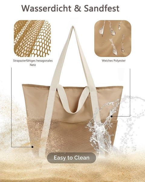 Waterproof Beach Bag for Women with Zipper Sand-Resistant Design Shoulder Strap, Beige