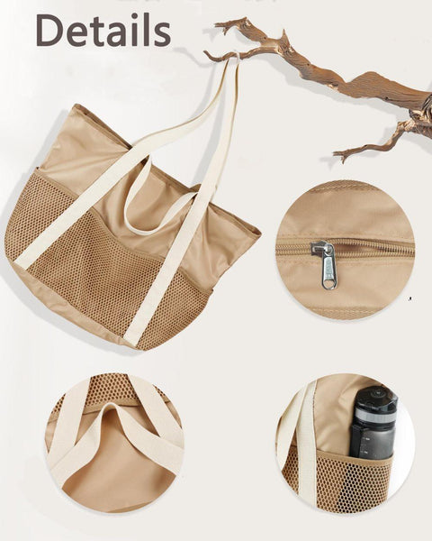 Waterproof Beach Bag for Women with Zipper Sand-Resistant Design Shoulder Strap, Beige