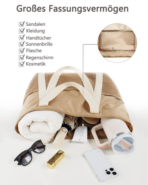 Waterproof Beach Bag for Women with Zipper Sand-Resistant Design Shoulder Strap, Beige