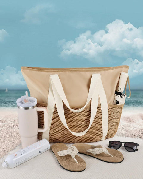 Waterproof Beach Bag for Women with Zipper Sand-Resistant Design Shoulder Strap, Beige