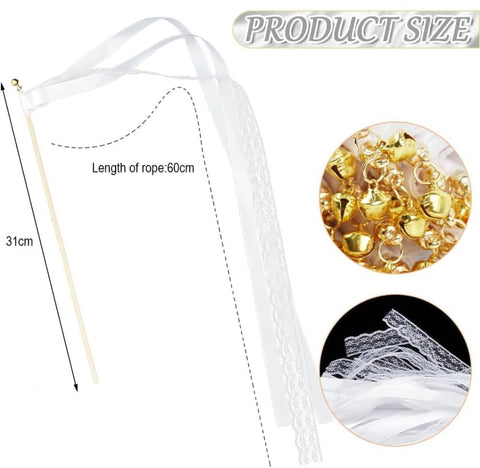 30 Pack Satin & Lace Ribbon Wands with Bells for Wedding & Party Decor, 30cm Beige