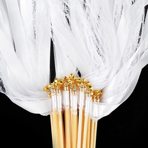 30 Pack White Satin & Lace Ribbon Wands for Wedding & Party Decor, 30cm