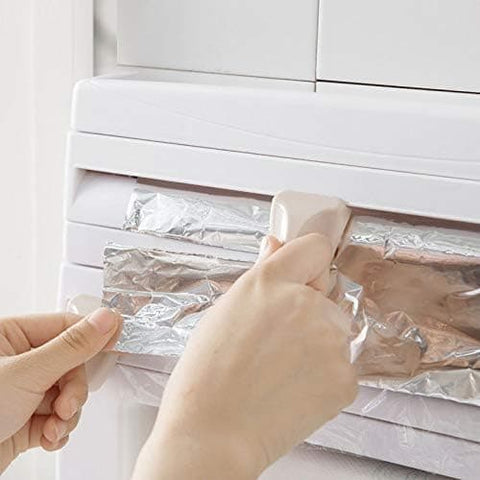 Foil cutter wall holder for plastic and aluminum foil, multifunctional kitchen paper holder, no drilling design, brown, 39x10x24cm