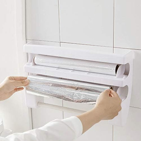 Multifunctional Foil Cutter Wall Holder for Plastic and Aluminum Foil with Kitchen Paper, 39x10x24cm, White