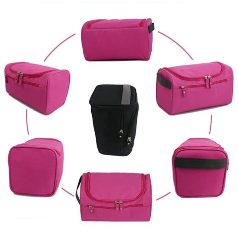 Waterproof makeup bag with 3 compartments and handle, hanging toiletry bag for men and women, red