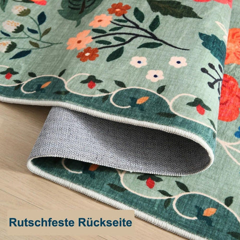 Non-slip Bohemian Floral Doormat Absorbent Dirt-Resistant Machine Washable for Bathroom Hallway and Kitchen, 60x90cm, Green