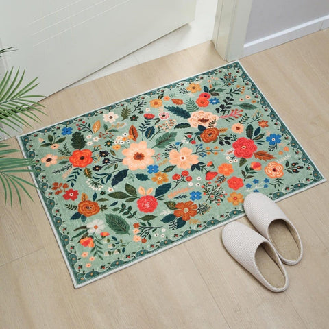 Non-slip Bohemian Floral Doormat Absorbent Dirt-Resistant Machine Washable for Bathroom Hallway and Kitchen, 60x90cm, Green