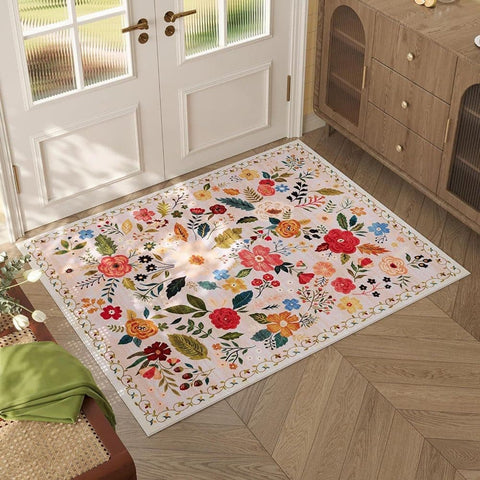 Bohemian Floral Doormat Non-slip Absorbent Dirt-Resistant Machine Washable for Bathroom Hallway and Kitchen, 60x90cm, Beige