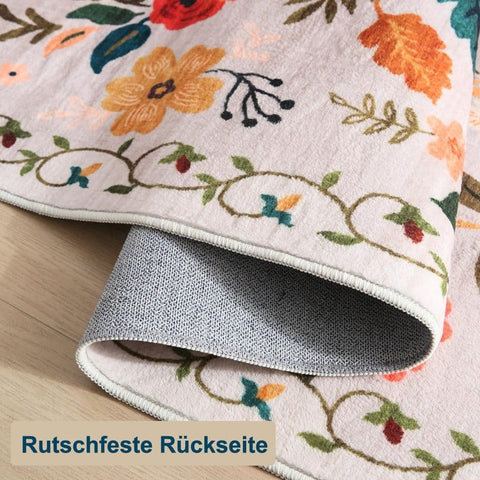 Bohemian Floral Doormat Non-slip Absorbent Dirt-Resistant Machine Washable for Bathroom Hallway and Kitchen, 60x90cm, Beige