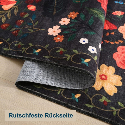 Bohemian Floral Doormat Non-slip Absorbent Dirt-Resistant Machine Washable for Bathroom Hallway and Kitchen, 60x90cm, Black