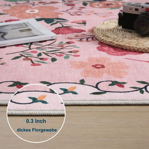 Bohemian Floral Doormat Non-slip Absorbent Dirt-Resistant Machine Washable for Bathroom Hallway and Kitchen, 60x90cm, Pink