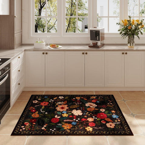 Bohemian Floral Doormat Non-slip Absorbent Dirt-Resistant Machine Washable for Bathroom Hallway and Kitchen, 40x60cm, Black