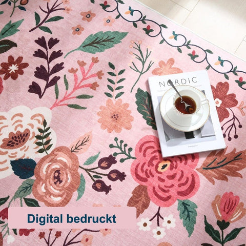 Non-Slip Bohemian Floral Doormat Absorbent Dirt-Resistant Machine Washable for Bathroom Hallway and Kitchen, 40x60cm, Pink