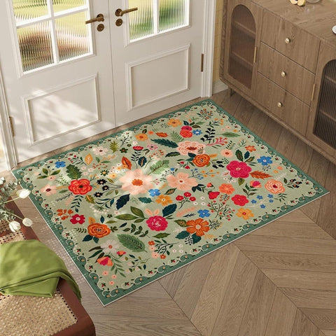 Bohemian Floral Doormat Non-slip Absorbent Dirt-Resistant Machine Washable for Bathroom Hallway and Kitchen, 40x60cm, Green