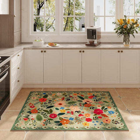 Bohemian Floral Doormat Non-slip Absorbent Dirt-Resistant Machine Washable for Bathroom Hallway and Kitchen, 40x60cm, Green