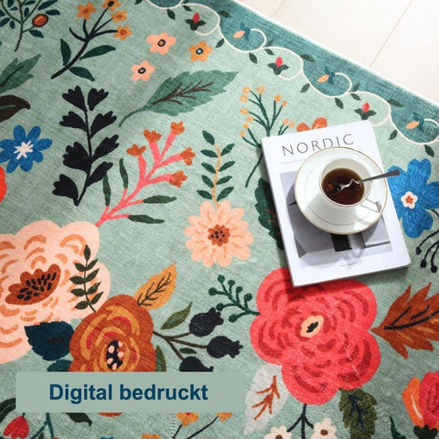 Bohemian Floral Doormat Non-slip Absorbent Dirt-Resistant Machine Washable for Bathroom Hallway and Kitchen, 40x60cm, Green
