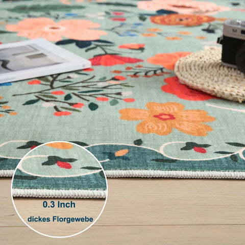 Bohemian Floral Doormat Non-slip Absorbent Dirt-Resistant Machine Washable for Bathroom Hallway and Kitchen, 40x60cm, Green