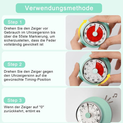 60 Minute Mechanical Kitchen Timer with Magnet, Stainless Steel, Green, 3.6 x 7.3cm