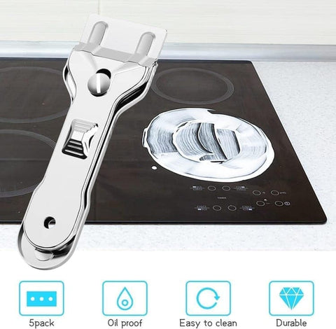 Glass scraper with 5 replaceable blades for effective cleaning, compatible with glass hobs
