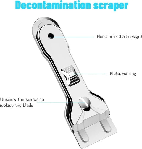Glass scraper with 5 replaceable blades for effective cleaning, compatible with glass hobs