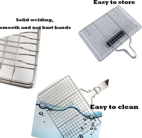 Foldable Grill Basket Stainless Steel for Fish Vegetables and Meat, Compatible with Camping and Outdoors, 46.5x32 cm