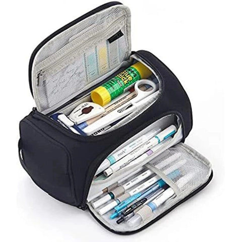 3-Layer School Pencil Case, Black, Multifunctional Spacious Pencil Bag for Pens and Stationery