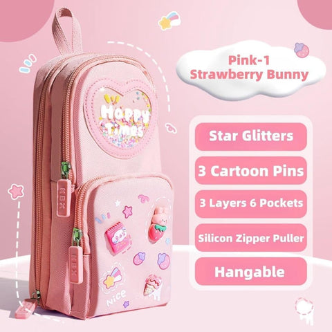 3 Compartments Cute Pencil Case Large Capacity Multifunctional Pencil Bag, Pink