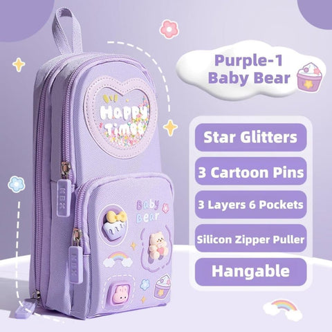 Large Capacity Cute Pencil Case with 3 Compartments, Purple