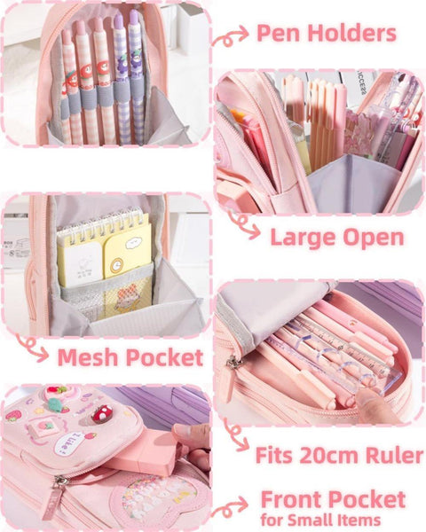 Pencil case with 3 compartments large capacity, cute design, pink, 1 piece