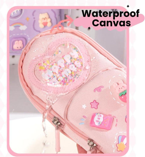 Pencil case with 3 compartments large capacity, cute design, pink, 1 piece