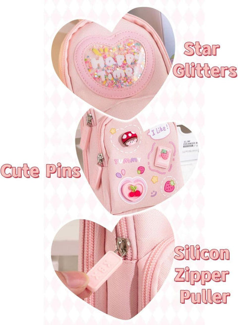 Pencil case with 3 compartments large capacity, cute design, pink, 1 piece