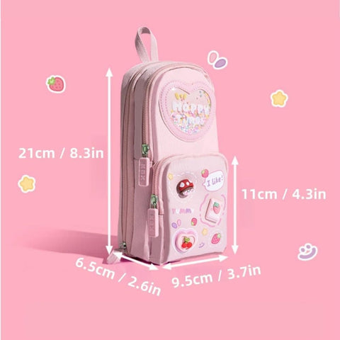 Pencil case with 3 compartments large capacity, cute design, pink, 1 piece
