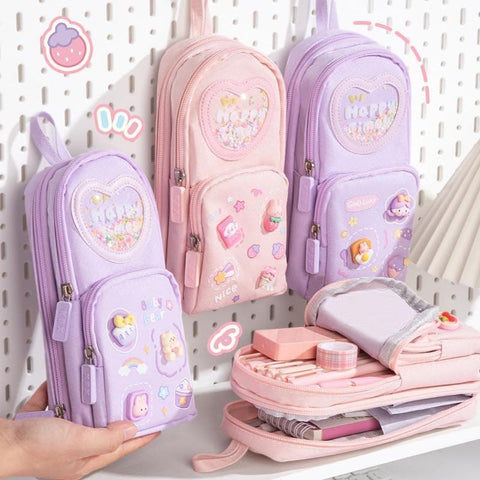 Pencil case with 3 compartments large capacity, cute design, pink, 1 piece