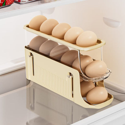 30 Eggs Egg Container 2-Pack, Foldable Automatic Rolling Egg Holder with Dispenser for Refrigerator, 2-3 Levels, Yellow