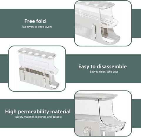 30 Eggs Egg Container 2-Pack, Automatic Rolling Foldable Egg Holder with Dispenser for Refrigerator, 2-3 Levels, Gray