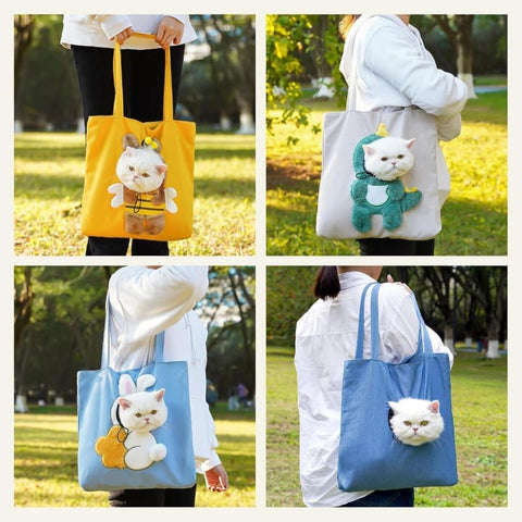 Portable Pet Bag for Small Dogs and Cats with Hands-Free Side Opening, Cat Motif, Perfect for Outdoor Travel, 37x37cm, Gray