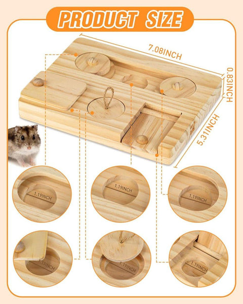 6-in-1 Hamster Feeder Interactive Wooden Game with Treat Dispenser and Rodent Search Toy for Hamsters Rabbits Chinchillas Gerbils