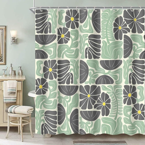 Bohemian Shower Curtain with 12 Hooks, Multicolored Abstract Floral Pattern Retro Patchwork Geometric Plants, 180x180 cm