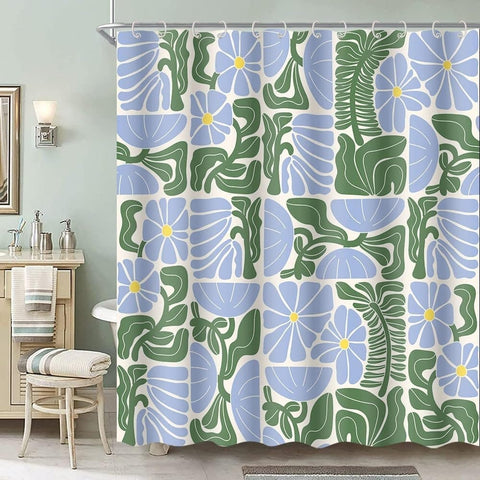 Bohemian Shower Curtain with 12 Hooks, Multicolored Abstract Floral Pattern Retro Patchwork Geometric Plants, 180x180 cm