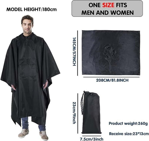 Waterproof Rain Jacket Poncho 3-in-1 Multifunctional with Hood, Gray