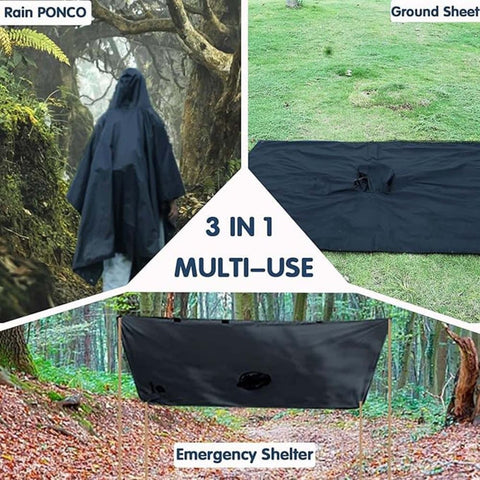 Waterproof Rain Jacket Poncho 3-in-1 Multifunctional with Hood, Gray