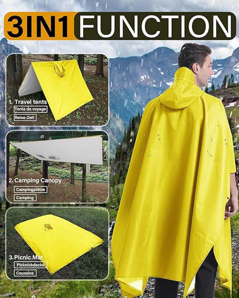 3-in-1 Waterproof Rain Jacket Poncho with Hood, Breathable Outdoor Raincoat, Yellow